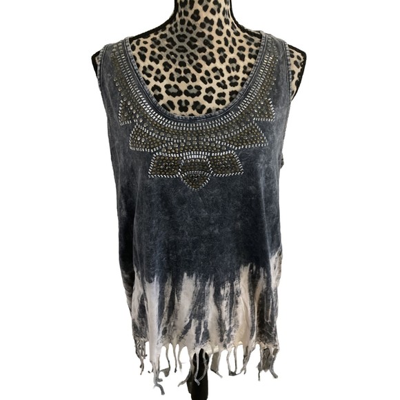 Maurices Top L Boho Hippie Gray Tye Die Studded Collar Fringe Hem Razor Back - Picture 1 of 5
